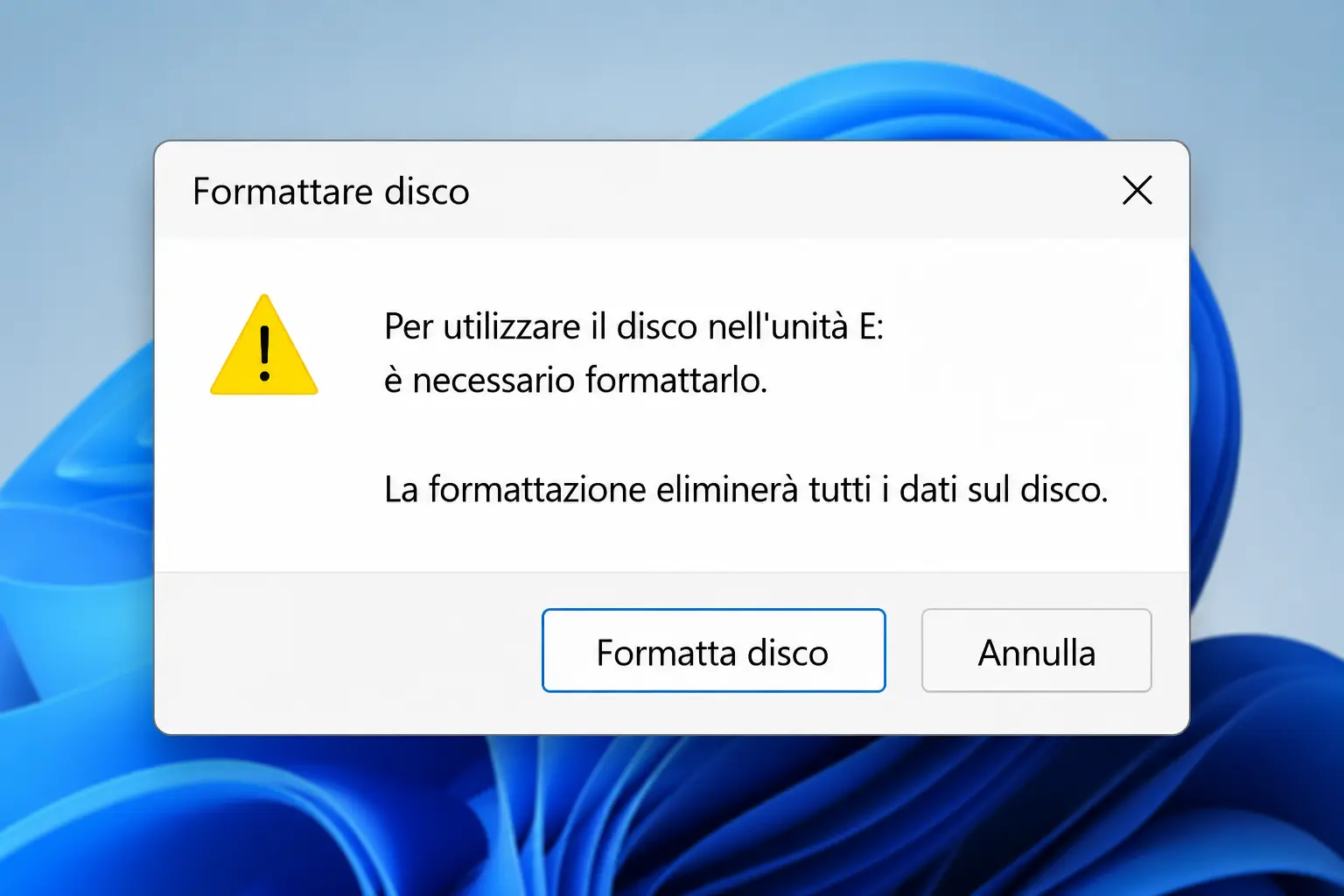 Messaggio di Windows che richiede la formattazione del disco esterno