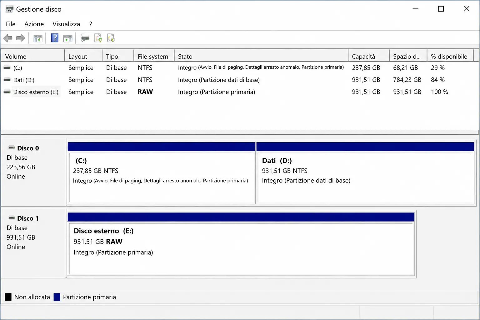 Gestione Disco di Windows con un disco esterno visualizzato come RAW