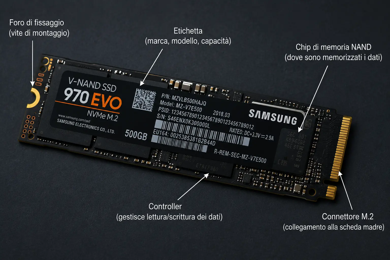 SSD NVMe M.2 con indicazione dei principali componenti