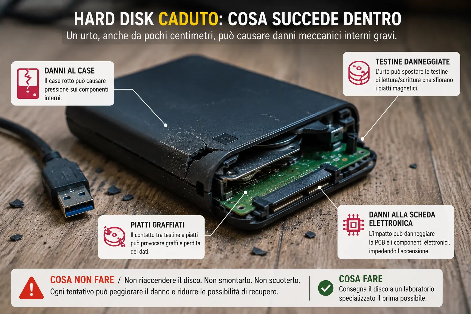 Hard disk esterno caduto con evidenziati i possibili danni interni